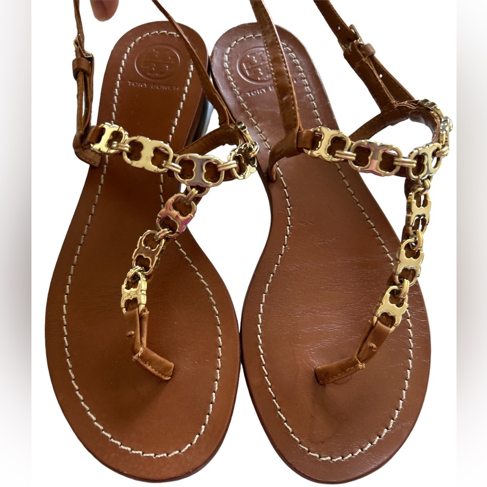 Tory Burch Gemini Chain Link Brown/Gold Sandals Size 7
